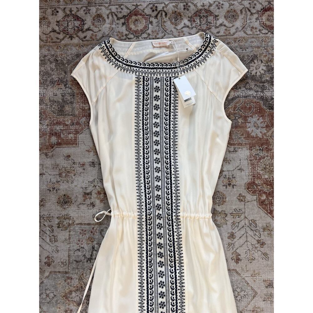 Tory Burch Silk Embroidered Cinched Waist Tie Sleeveless Shift Maxi Dress Size L - Picture 4 of 14
